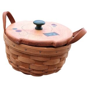 Longaberger Basket Handwoven Round Sewing Craft Basket with Lid 1996 Signed